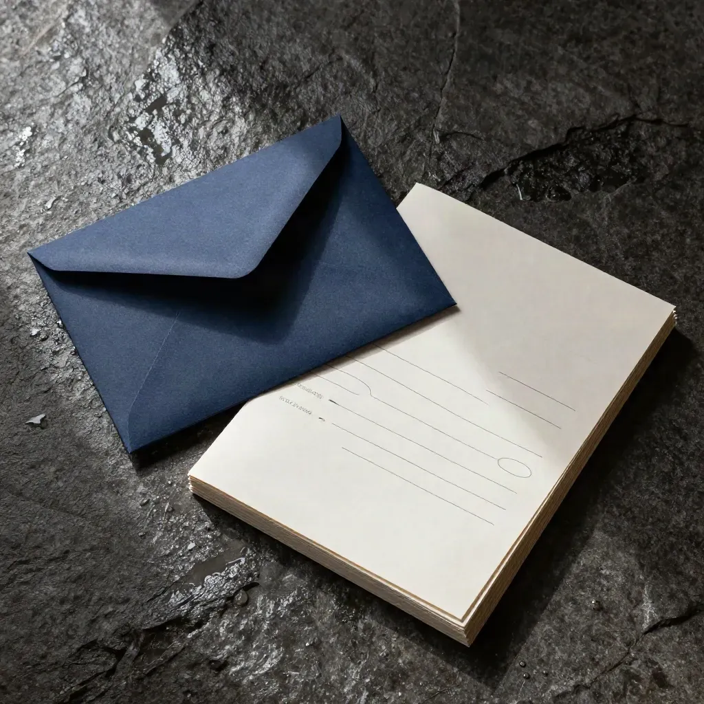 Navy incassopakket opengevouwen op natte steen, met papieren sleeves en raking licht.