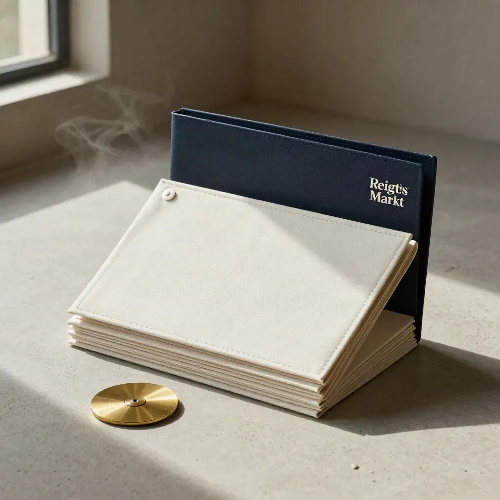 Ivory mappen, een navy insteekhoes en brass munt op licht beton met zacht daglicht.