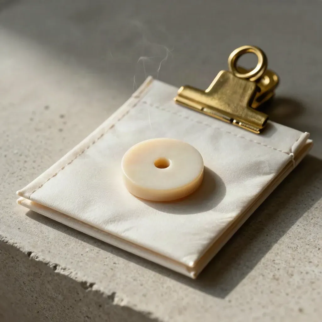 Ivory adviespakket met token en brass clip op pale stone in dramatisch licht