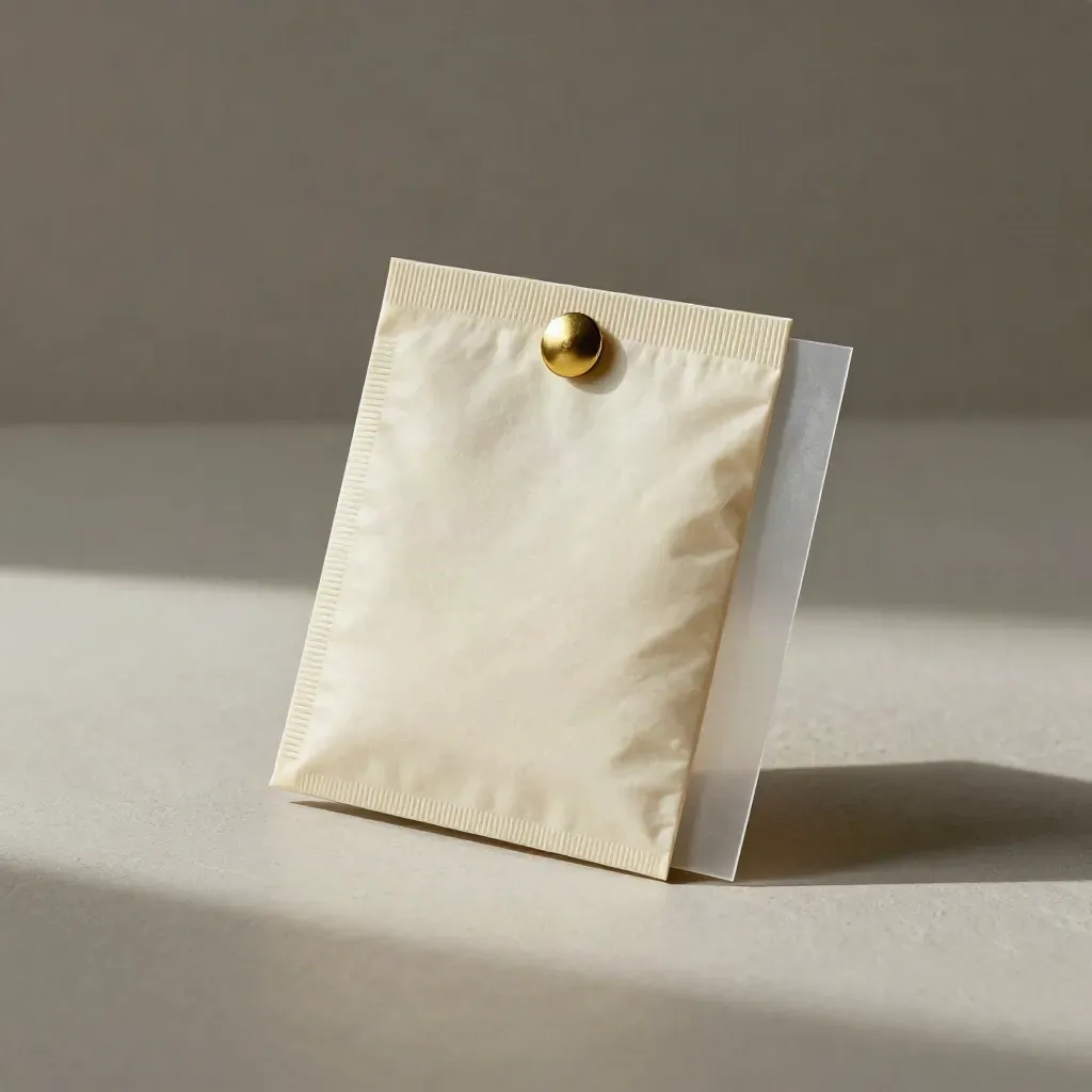 Ivoren privacy-pakket met messing pin op licht pleister, zacht en minimalistisch.
