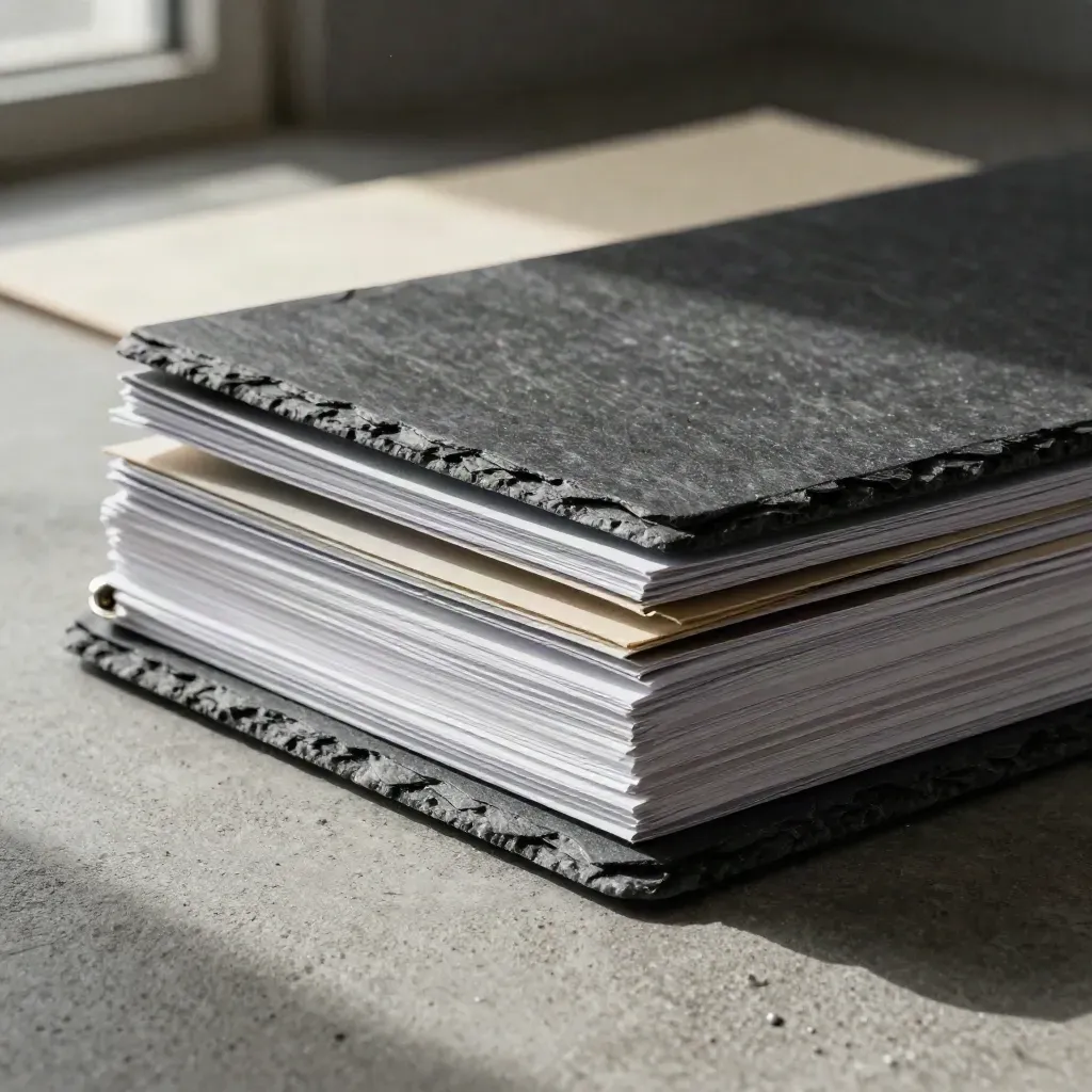Slap dossierpakket op beton met metalen sluiting en stof in dramatisch licht.