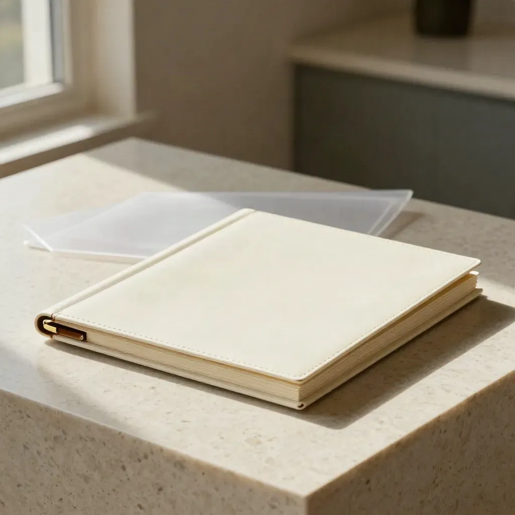 Ivoren juridisch folio met messing clip op travertijn, in zacht studiolicht.