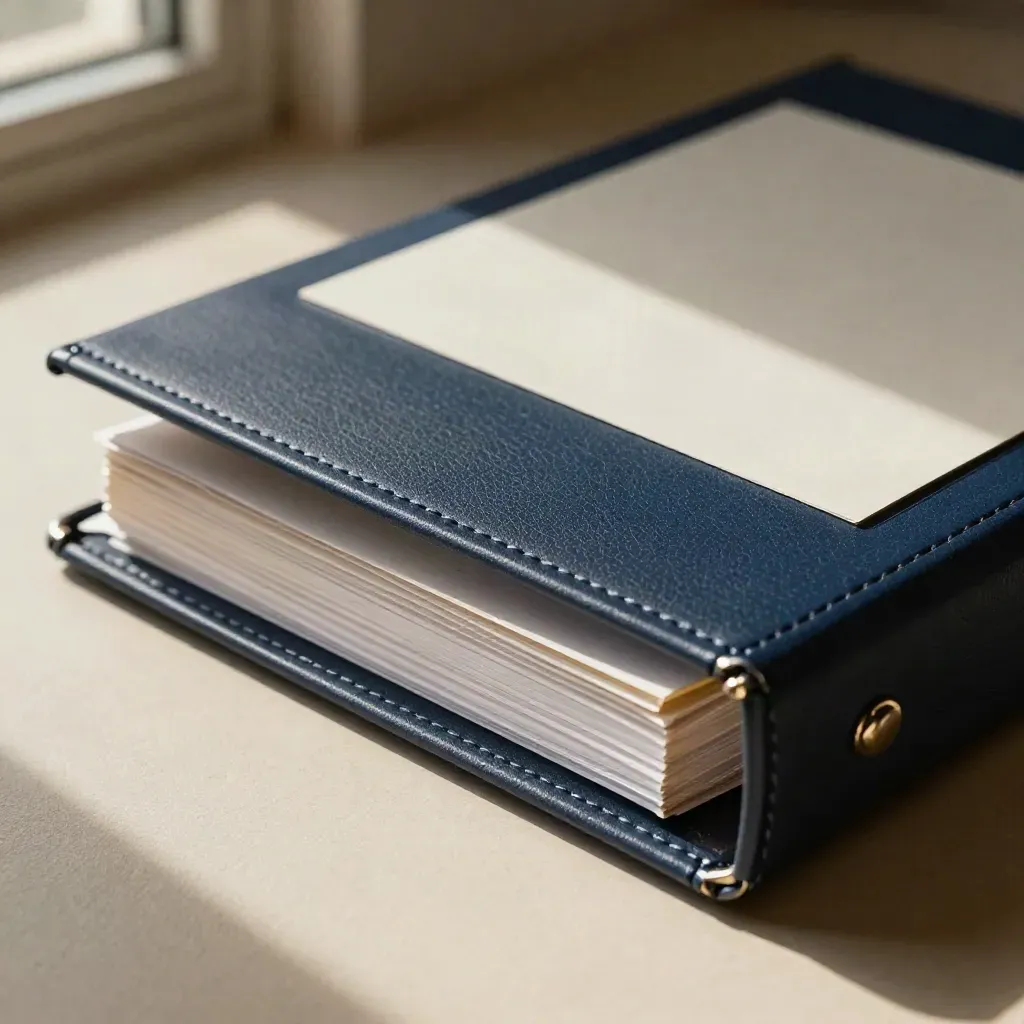 Navy juridisch dossier op warm pleister, met tabs en een enveloppe erachter.