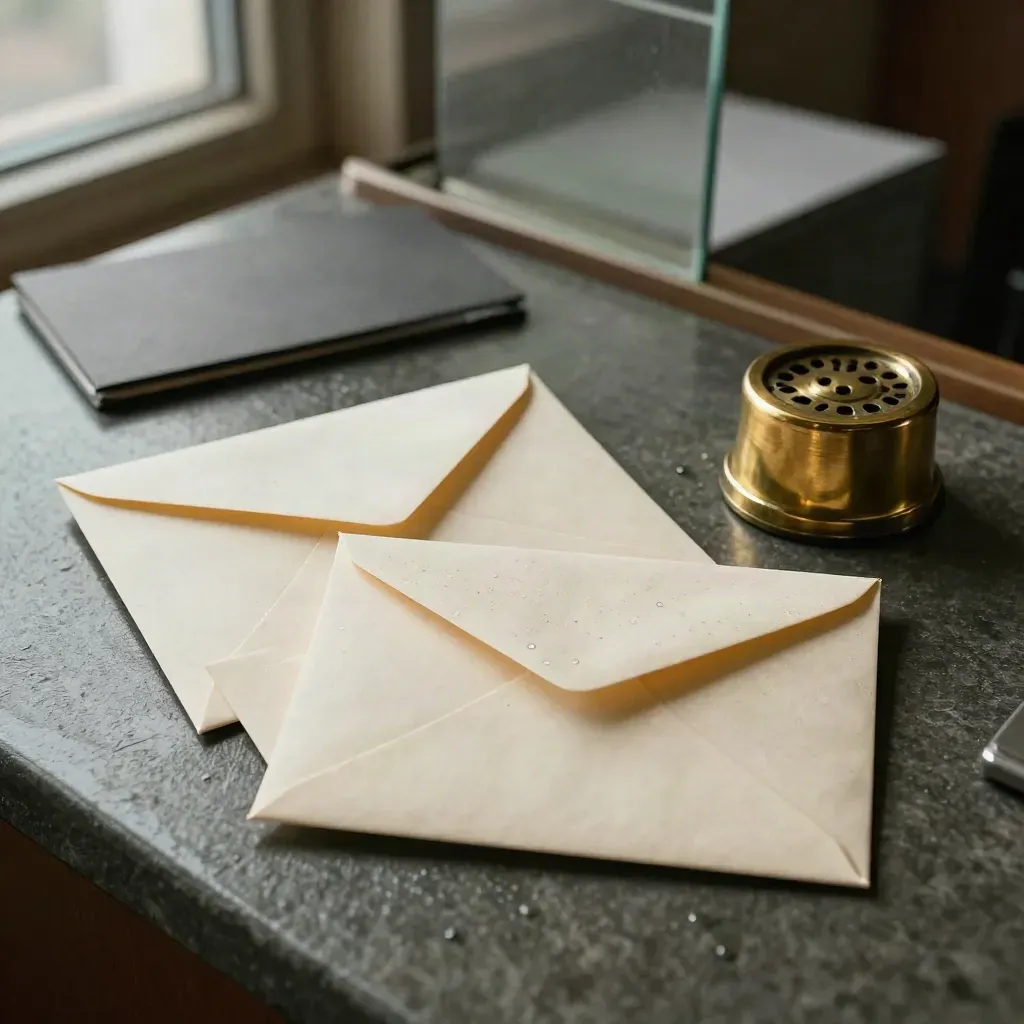 Drie enveloppen met een messing papiergewicht op natte leisteen, in donkere studioverlichting.