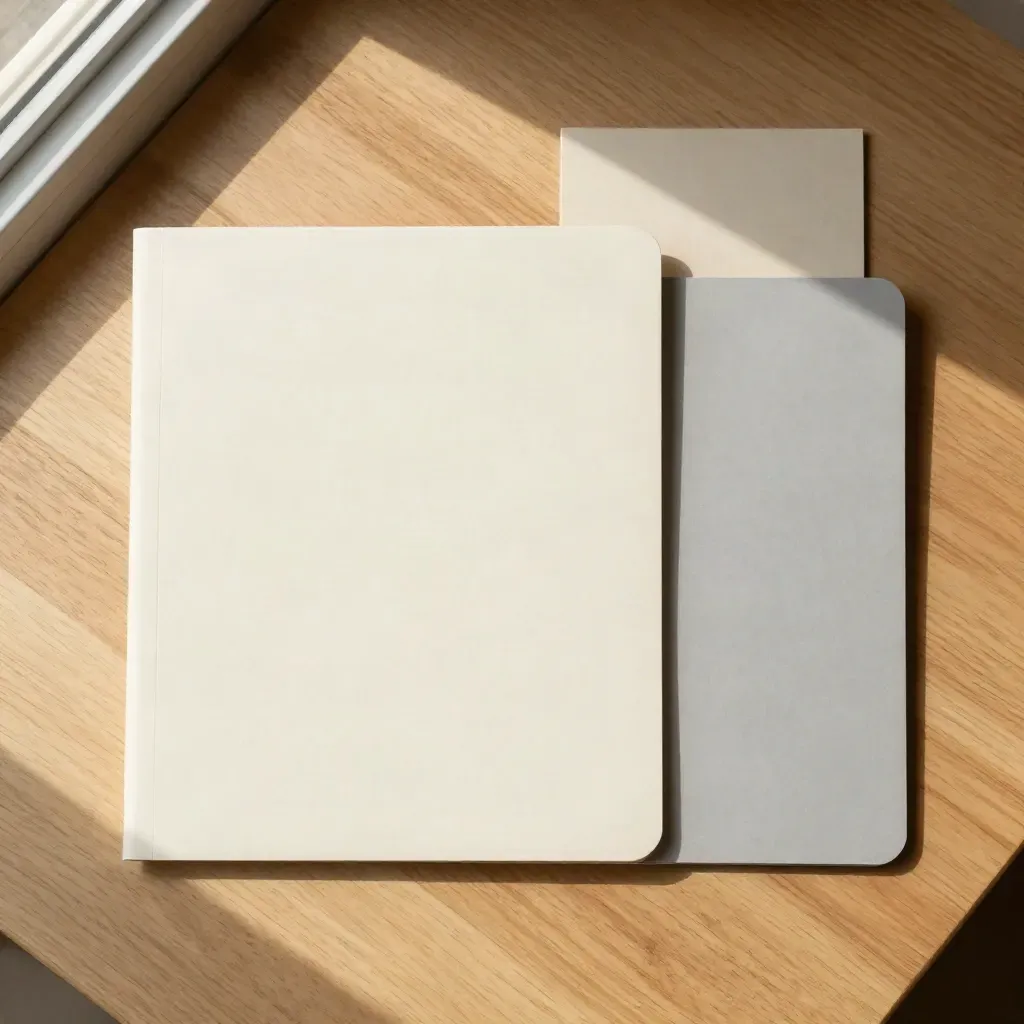 Ivory juridische starterset met map, sleeve en gevouwen insert op licht hout.