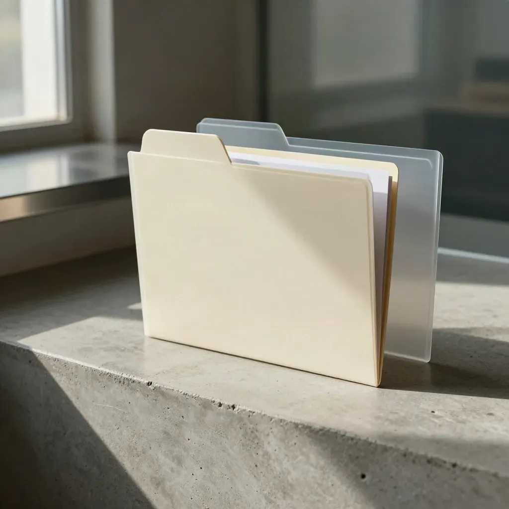 Ivory privacyscanmap met frosted sleeve in een modern juridisch interieur