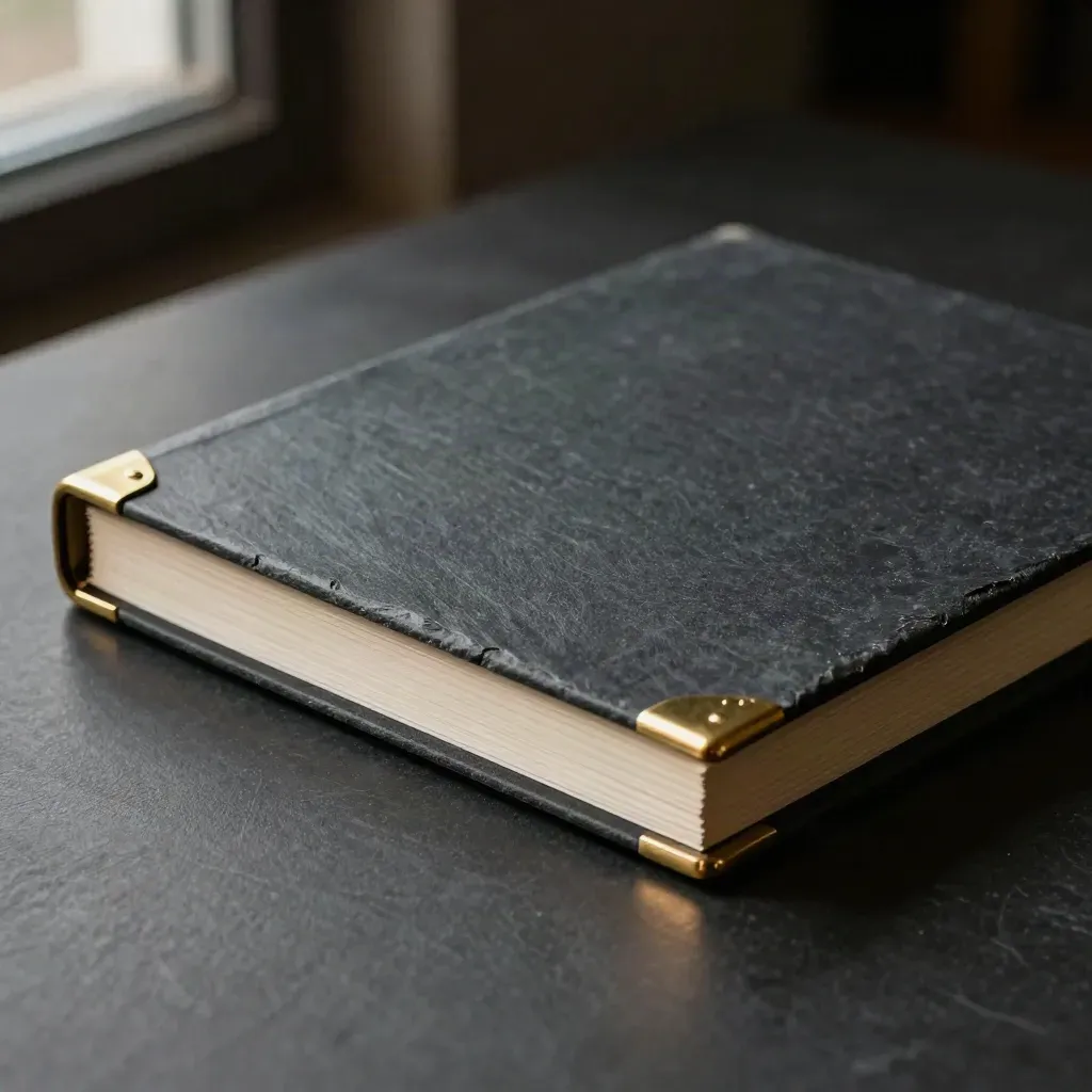 Slaten dossier met messing hoek en kaart op donkere pleister, dramatisch uitgelicht.