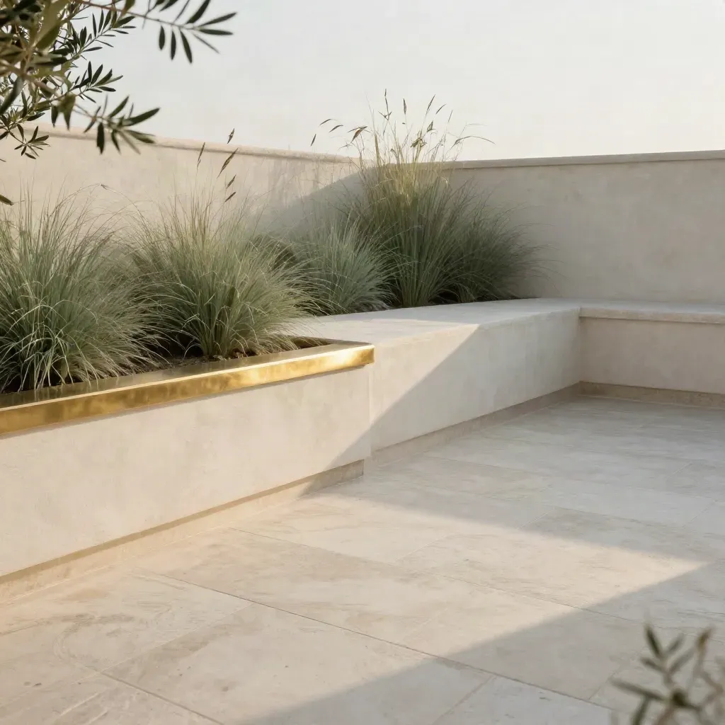 Rustig dakterras met pleistermuren, planten en warm ochtendlicht.