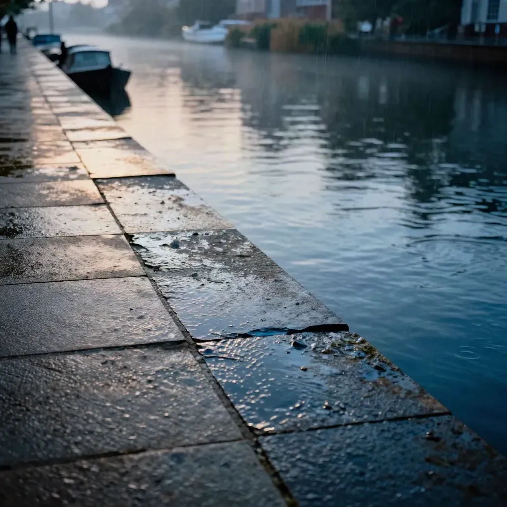 Nat terras boven een mistige gracht bij blauw uur, met regenreflecties en veel copyruimte.